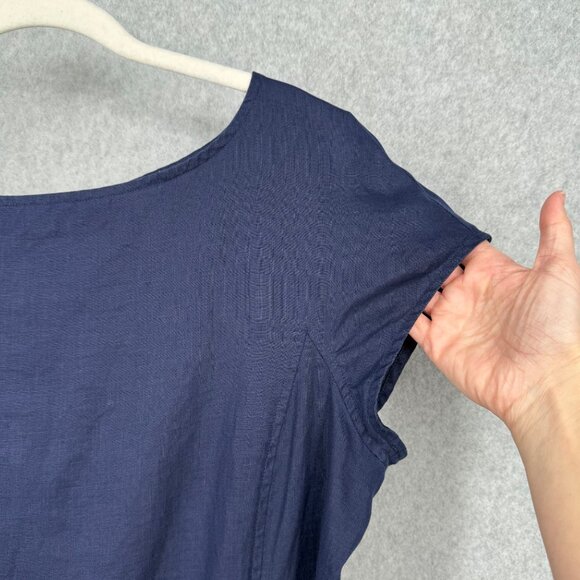 Eileen Fisher Organic Linen Shift Dress Size M Navy Blue Pockets Classic SS EUC - Picture 2 of 12